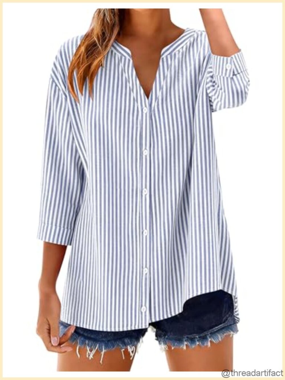 LOMON Womens 3/4 Sleeve Cotton Button Down Blouse V-Neck Striped Shirt